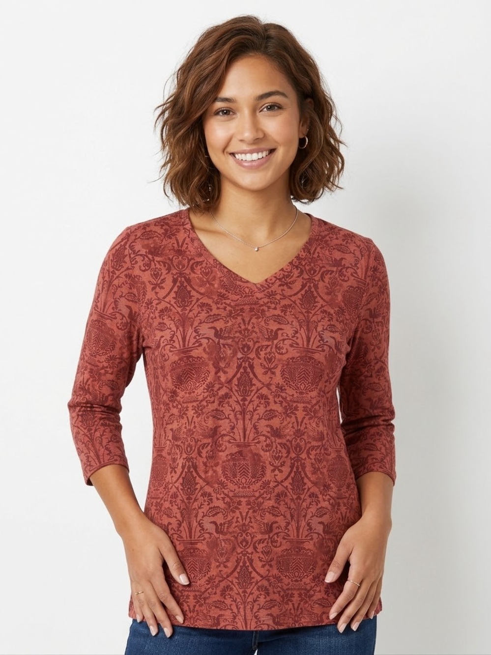 Soft Surroundings Rust Red V‑Neck Damask Print Long Sleeve Top Tunic Large